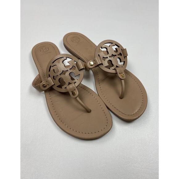 Tory Burch Miller Leather Thong Flip Flop Women Sandal Vintage Large Logo Sz 9.5 - Picture 1 of 6